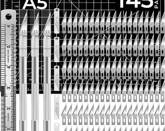 145 PCS Craft Knife Set , Includes 3 Hobby Knife ,140PCS  Art Blades with 1PC Ruler ,1PC A5 Cutting Mat for Art, Hobby, Scrapbooking,Stencil