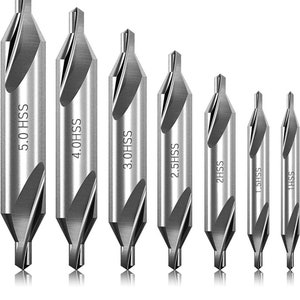 May include: Set of six drill bits made of high-speed steel (HSS) with sizes ranging from 1.0 to 5.0 inches. The drill bits are silver in color and have a pointed tip.