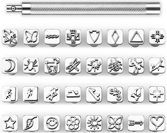 33 PCS Leather Stamping Tool Set, 32 PCS Leather Stamps Patterns + 1 Stamping Handle for Leather Craft