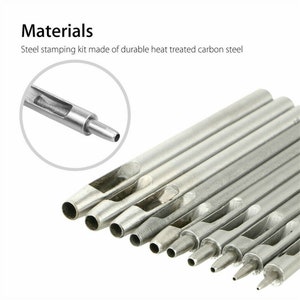 May include: A set of ten silver metal hole punch tools, arranged in order of size, with the largest at the top and the smallest at the bottom. The tools are used for punching holes in leather, fabric, and other materials.  Materials: Steel stamping kit made of durable heat treated carbon steel.