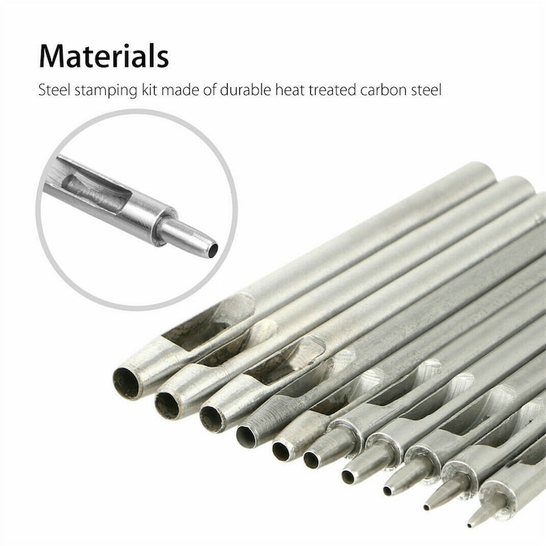 May include: A set of ten silver metal hole punch tools, arranged in order of size, with the largest at the top and the smallest at the bottom. The tools are used for punching holes in leather, fabric, and other materials.  Materials: Steel stamping kit made of durable heat treated carbon steel.