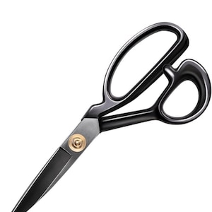 May include: Black fabric shears with a gold screw. The shears have a long, pointed blade and two black handles.
