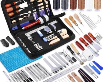 Kit de herramientas para trabajar el cuero: 66 piezas de herramientas y suministros esenciales para trabajar el cuero para principiantes con guía Kits de herramientas para trabajar el cuero con organizador