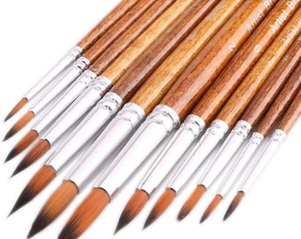 May include: A set of 10 round-tipped paint brushes with wooden handles and silver ferrules. The brushes are arranged in order of size, with the largest brush at the top and the smallest brush at the bottom.