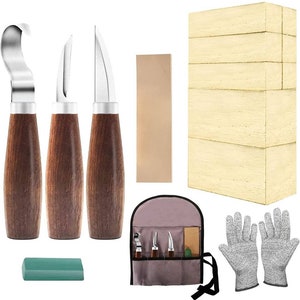 May include: Wood carving tools set with three carving knives, a sharpening stone, a sanding block, a leather pouch, two pairs of protective gloves, and a green honing stone.