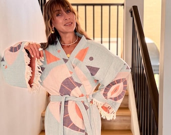 Handwoven Cotton Kimono Robe with Geometric Print & Tassels, Boho Bathrobe, Loungewear, Spa Robe, Beach Cover up, Gift for Her,Wellness Gift