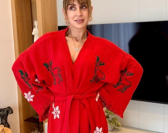 Christmas Robe, Organic Turkish Cotton Kimono, Santa Reindeer Design, Holiday Housecoat, Christmas present