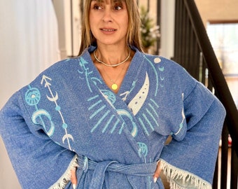 Soft Woven Cotton Robe in Arrow Design, Bohemian Style Robe, Cozy Blanket Robe,Tie-Belt Boho Robe, Woven eye Kimono in Light Blue