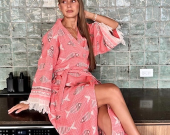 Handwoven Organic Cotton Kimono Robe, Coral Fish Print with Tassels Kaftan, Beach cover up ,