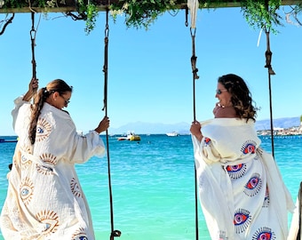 Organic Cotton Boho Robe, Evil Eye Summer Wrap, Bridesmaids Kimono, Bridal shower Party Robe
