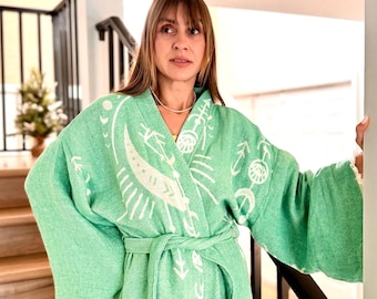 Long Hand-Woven Cotton robe in Mint, Cozy Blanket Robe,Fancy Tie-Belt Kimono, Cozy Loungewear, Natural Cotton Wear, Sustainable clothing