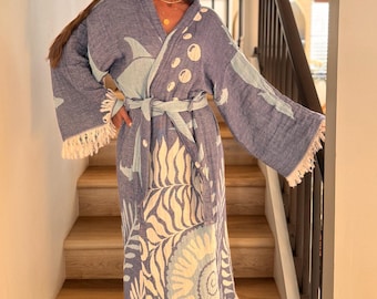 Dolphin Loungewear, Woven Organic Cotton Kimono, Hand-woven Seafoam Coastal Wrap, Boho Beach Cover up, Resort Loungewear Kimono, Summer Robe