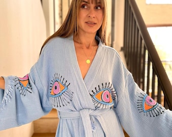 Handmade Turkish Cotton Gauze Robe, Stone Printed Eye Design, Women Robe, Anniversary gift, Christmas