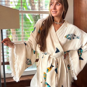 Sustainable Clothing made with organic cotton,Stone Printed fish Robe,Vacation Outfits Natural Gauze Dressing Gown,Natural Cotton Women Robe