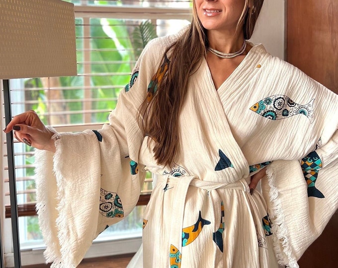 Sustainable Clothing made with organic cotton,Stone Printed fish Robe,Vacation Outfits Natural Gauze Dressing Gown,Natural Cotton Women Robe
