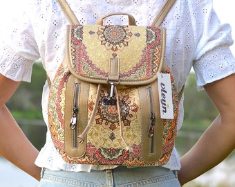 Women's Bohemian Backpack in Gold with Ethnical Patterns, Casual Daypacks, Flap Backpack ,Tapestry Backpack, Packable Backpack