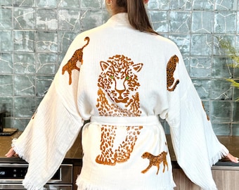 Leopard Print Cotton Robe & Shorts Set: Turkish Gauze Kimono Loungewear