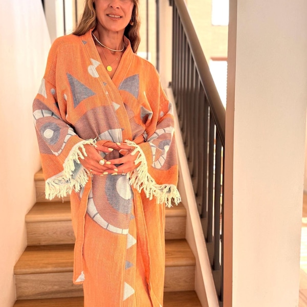 Robe de algodão trançado ecológico com estampa boho, robe artesanal de algodão orgânico com estampa boho, perfeito para relaxar e para o conforto do dia a dia