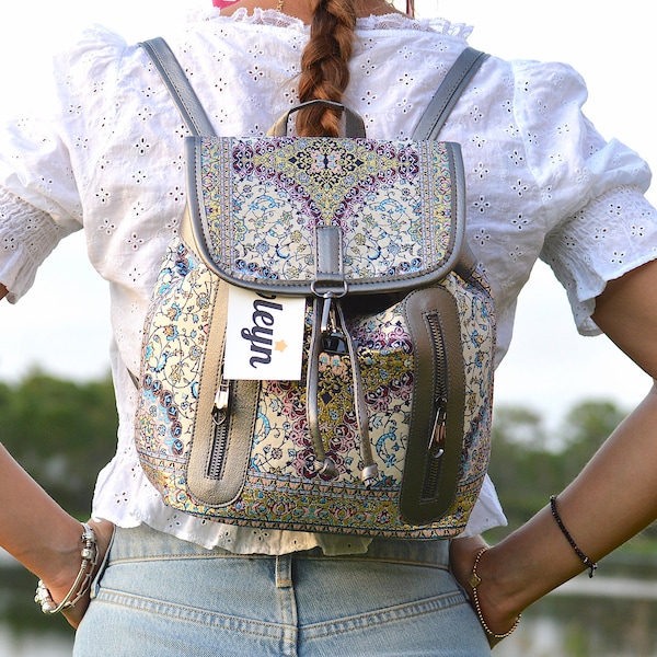 Women's Tapestry Fabric Backpack in Gray Flap Backpack, Casual Daypacks, Vegan leather fabric Backpack ,tapestry Backpack, Packable Backpack