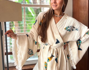Sustainable Clothing made with organic cotton,Stone Printed fish Robe,Vacation Outfits Natural Gauze Dressing Gown,Natural Cotton Women Robe