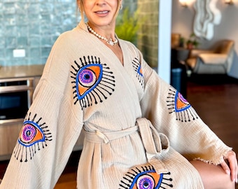 Handmade Turkish Cotton Robe, Evil Eye Kimono, Bohemian Spa Robe, Absorbent bathrobe, Christmas gift