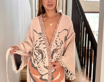 Elegant Cotton Woven Robe,Absorbent Bath Wear,Natural Kimono Dressing Gown,Luxury Unisex Housecoat,Soft Spa Robe, Perfect for Christmas Gift