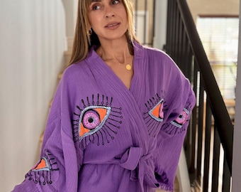 Organic Turkish Cotton Robe, Hand-Printed Evil Eye Design, Bohemian Kimono, Mother gift, Birthday present