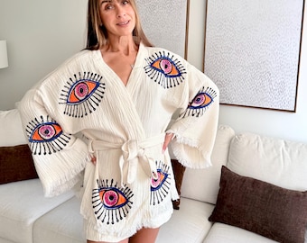 Summer 2 pieces lounge set, Cotton Kimono Robe with Shorts, Boho Resort Wear, Vacation outfit, Birthday Gift for her