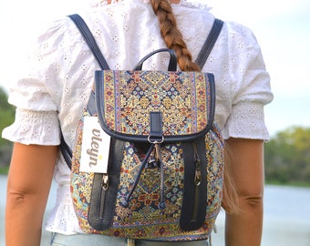 Mochila pequeña con solapa para mujer, Mochila estilo ciudad color marino Mochila de cuero vegano, Mochila de lona, Mochila casual, Mochila étnica