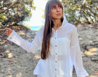 Organic Cotton Button Down Hoodie Shirt, Oversized Fit, linen blend top , Vacation outfit,