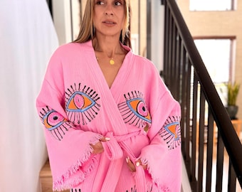 Woven Turkish Cotton Robe, Natural Kimono with Eye Design,Soft caftan,Christmas gift