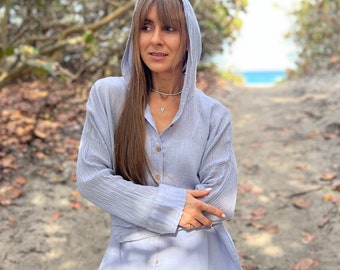 Organic Cotton Hoodie Shirt, Double Gauze Oversized Button-Down, Summer cardigan, Beach cover up