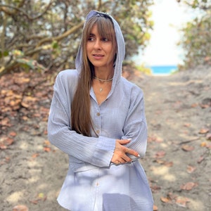 Organic Cotton Hoodie Shirt, Double Gauze Oversized Button-Down, Summer cardigan, Beach cover up