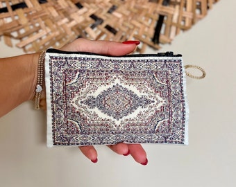 Beige Small coin pouch ,Slim Zipper Turkish coin purse , Small bag organizer ,Turkish woven fabric , Small coin bag , Boho Bag ,Fun Bag