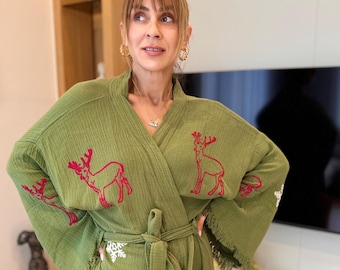 Organic Cotton Christmas Robe: Reindeer Snowflake Kimono