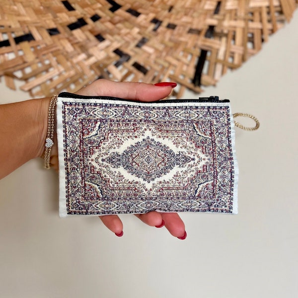 Beige Small coin pouch ,Slim Zipper Turkish coin purse , Small bag organizer ,Turkish woven fabric , Small coin bag , Boho Bag ,Fun Bag