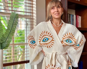 Organic Turkish Cotton Kimono Robe, Handprinted Evil Eye Design, Gift for mom, Christmas present