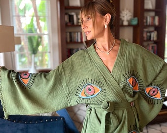 Relaxed Fit Morning robe,Spa Day Robe,Evil eye Bathrobe,Bohemian Kimono, Music Festival Kimono,Bridesmaid Robe,Cotton Comfort Robe