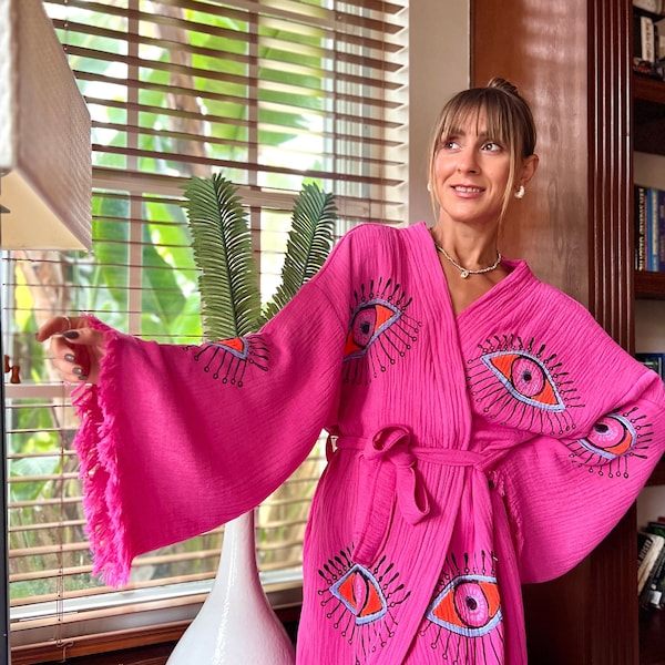 Organic Cotton Boho Robe, Pink Kimono Summer Wrap, Loungewear Evil Eye Robe, Resort Wear,Gift For her, Cozy Lounge Robe,Home Wear, Gift Idea