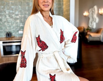 Hand-Painted Cat Robe, Organic Cotton Kimono, Boho Loungewear, Cat lover gift,