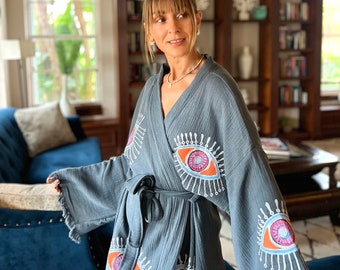 Stone Printed Muslim Kimono, Organic Cotton Handmade Caftan Robe, Boho Natural Gauze Dressing Gown, Soft Home-wear,Cozy Long Bathrobe.