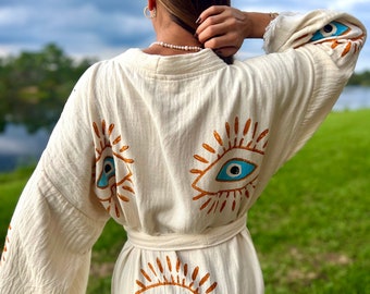 Organic Cotton Boho Robe, Evil Eye Summer Wrap, Loungewear Evil Eye Robe, Resort Wear,Gift For her, Cozy Lounge Robe,Home Wear, Gift Idea