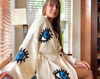 Hand-Stamped  Turkish Cotton Robe – Evil Eye Kimono Caftan, Organic cotton long cardigan, Christmas gift