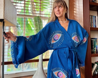 Abito Boho Evil Eye, Cardigan Boho, Abito mattutino Evil Eye, Abito spa in cotone organico, Abito da sposa, Accappatoio Evil Eye, Loungewear in cotone, Idea regalo