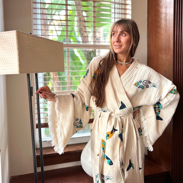 Sustainable Clothing made with organic cotton,Stone Printed fish Robe,Vacation Outfits Natural Gauze Dressing Gown,Natural Cotton Women Robe
