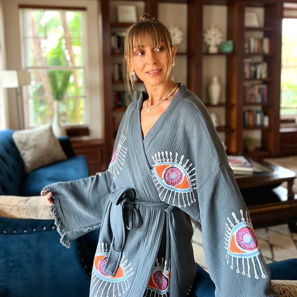 Quimono muçulmano com estampa de pedra, robe caftan de algodão orgânico feito à mão, roupão boho de gaze natural, roupa macia para casa, roupão longo e aconchegante.