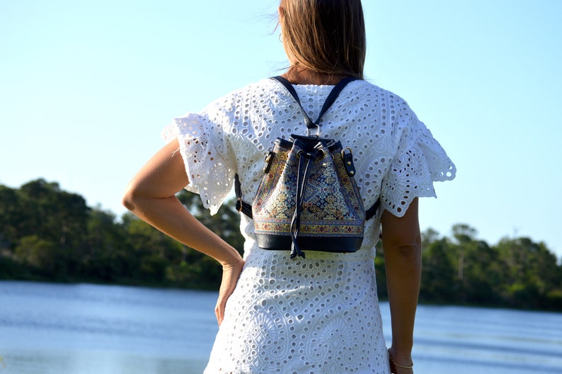 Casual Bag Mini Boho Backpack Bucket shoulder bag Small Bucket Style Convertible Backpack Mini Vegan leather Bucket Bag in Navy Color