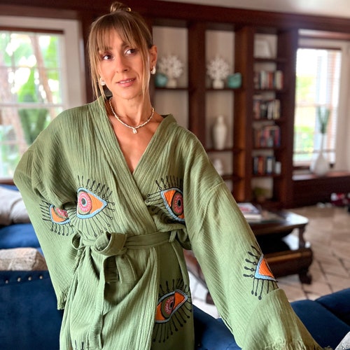 Boho Morning robe, Organic Cotton Spa Robe, Bridal Robe, Evil eye Bathrobe, Bohemian KImono, Music Festival Kimono, Bridesmaid Robe, Gift