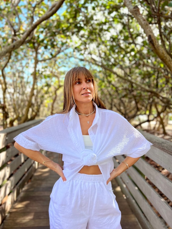 White Linen Open-Front Shirt, Cotton Tie Top, Resort Wear cardigan, Beach cover up