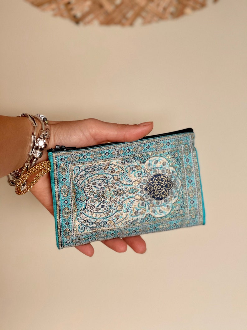 Slim Zipper Turkish coin purse , Small bag organizer ,  Turkish woven fabric , Small carpet bag , Ethnic bag , Handmade small coin pouch 